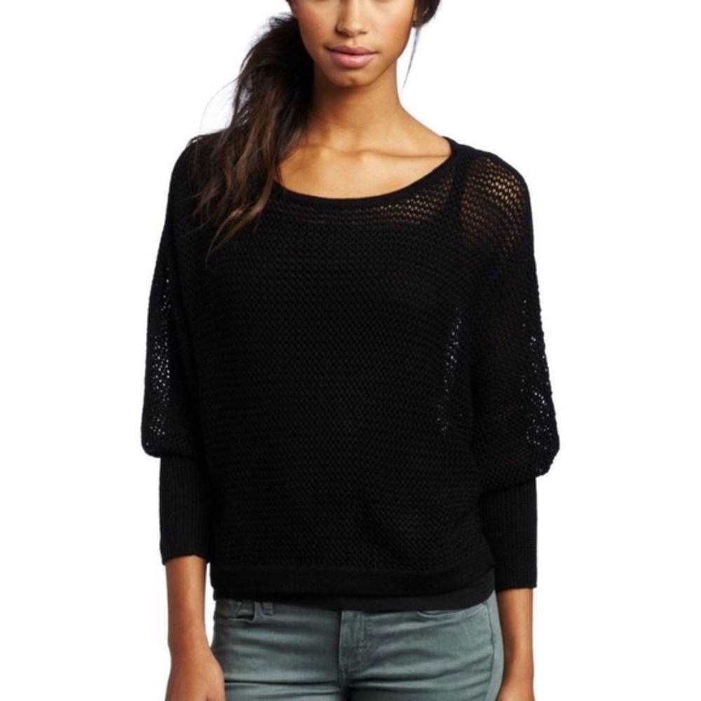 BCBG MaxAzria Black Crochet Open Knit Cropped Scoop Neck Sweater Size S